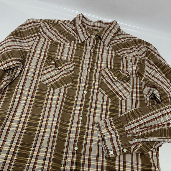 Fossil Pearl Snap Brown Plaid  Shirt Men Large 100% Cotton Long Sleeve  Western - Picture 6 of 9